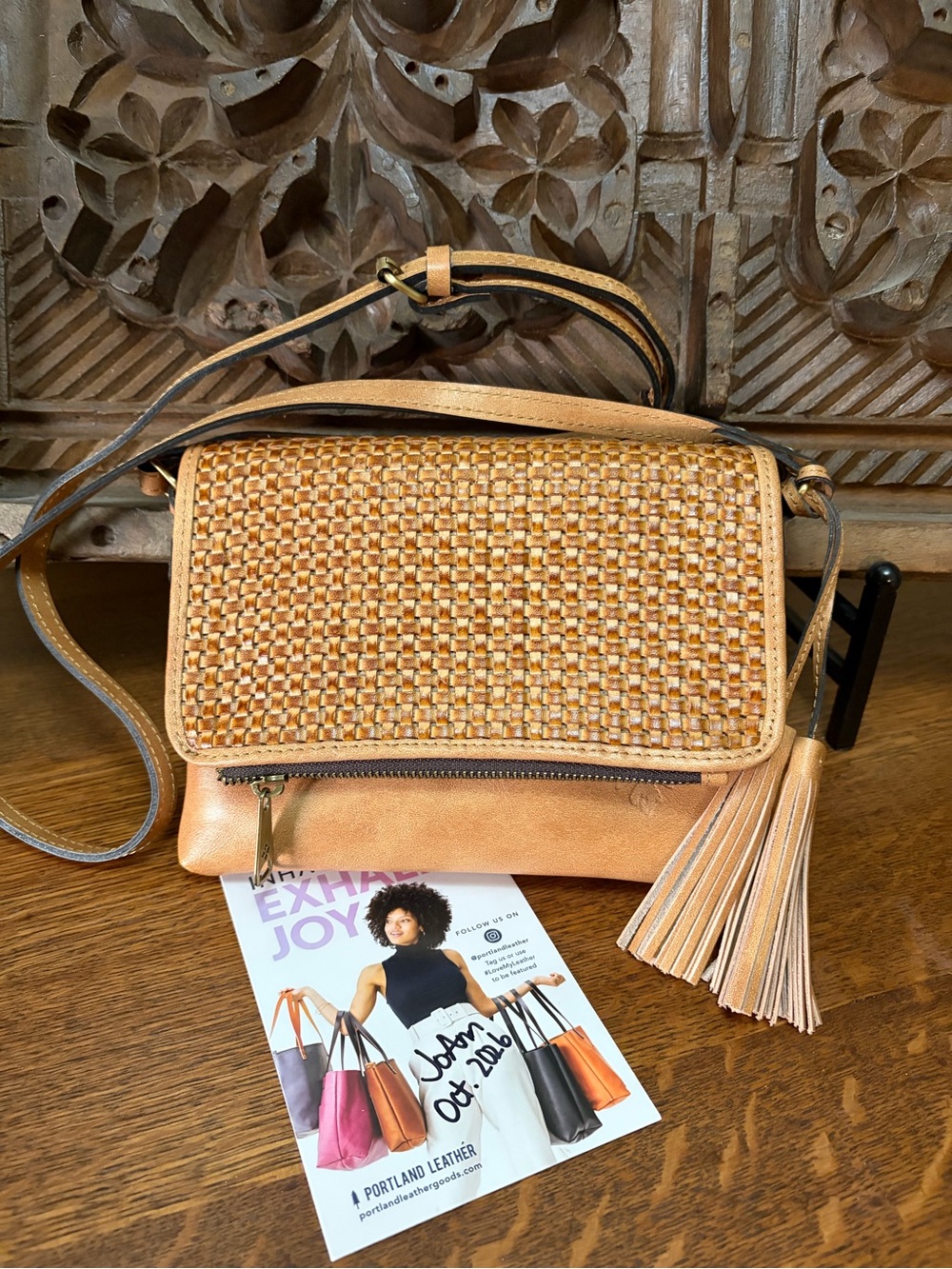 Patricia Nash Corfu Tan Woven Flap Crossbody with Tassel